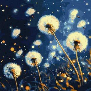 Malen nach Zahlen - Fliegender Löwenzahn am Abendhimmel mit extra Metallic-Farben ©art_selena_ua