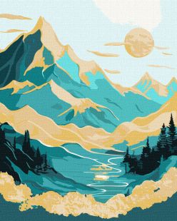 Malen nach Zahlen - Sonnenaufgang in den Bergen mit metallischen Farben Extra ©art_selena_ua