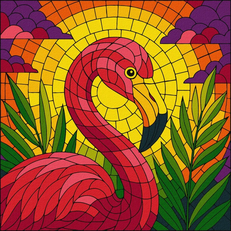 Malen nach Zahlen - Buntglasfenster. Flamingo ©art_selena_ua