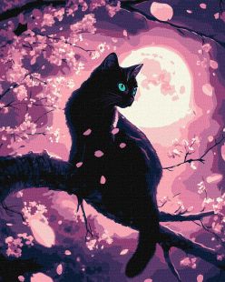Malen nach Zahlen - Eine magische Katze zwischen den Kirschbäumen mit metallischen Farben ©art_selena_ua