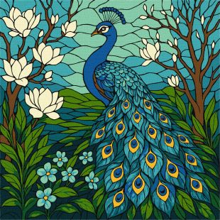 Malen nach Zahlen - Buntglasfenster: Pfau in Magnolie ©art_selena_ua