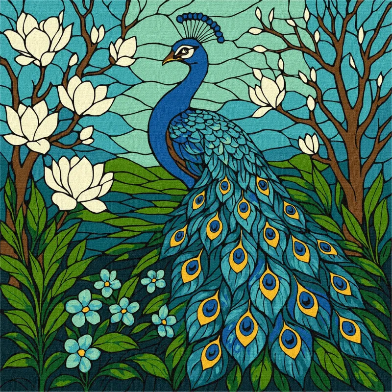 Malen nach Zahlen - Buntglasfenster: Pfau in Magnolie ©art_selena_ua