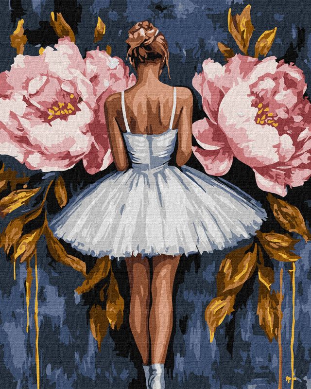 Malen nach Zahlen - Ballerina mit rosa Pfingstrosen mit extra Metallic-Farben ©art_selena_ua