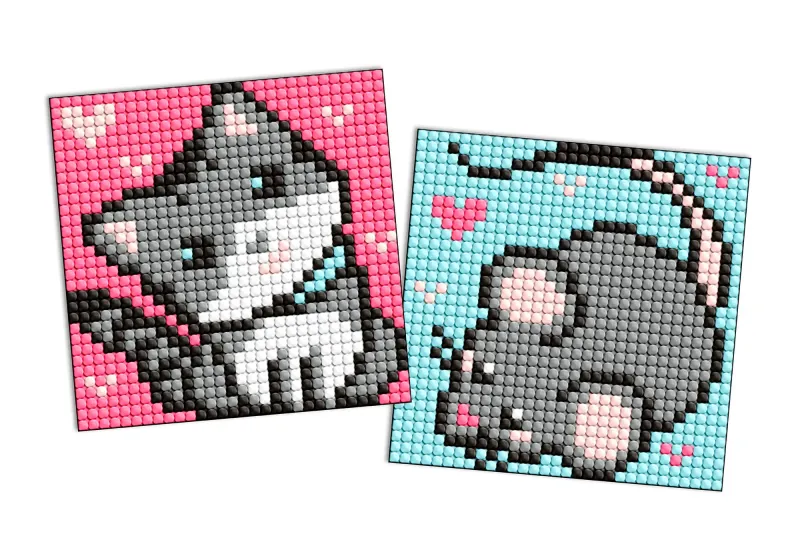 Diamond Painting auf einem Aufkleber - Graue Freunde, Satz mit 2 Bildern