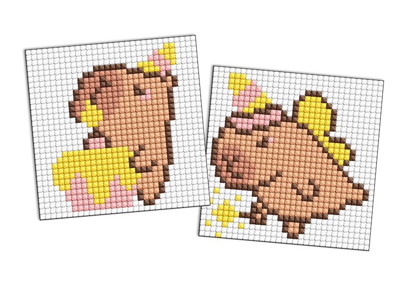 Diamond Painting auf einem Aufkleber - Capybara hat Spaß, Satz mit 2 Bildern